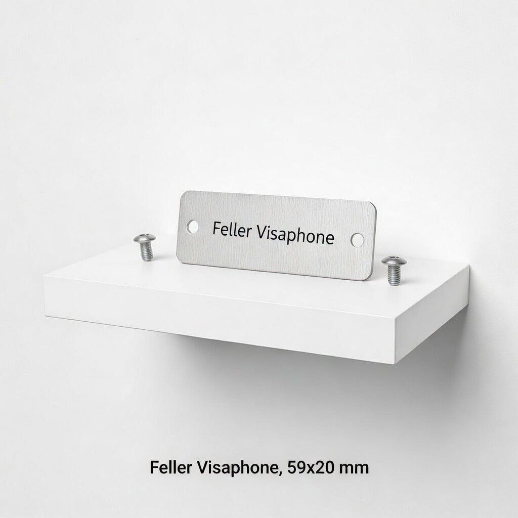 Graviertes Feller Visaphone Sonnerieschild aus Aluminium eloxiert, Mass 59 x 20 mm, mit zwei Bohrungen für die Schraubmontage.
