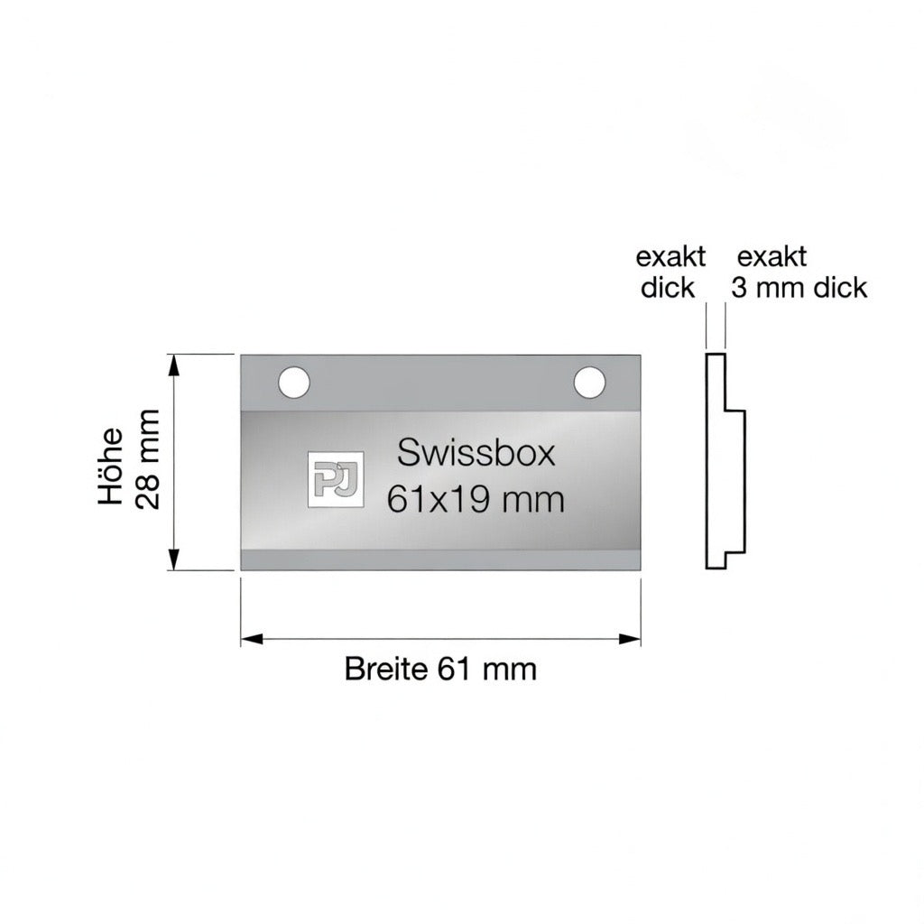 61x28mm, 61x19mm, Swissbox, Lochbohrung, Schraubmontage, Aluminium eloxiert, Sonnerieschild, Klingelschild mit Löchern, pejo gravuren
